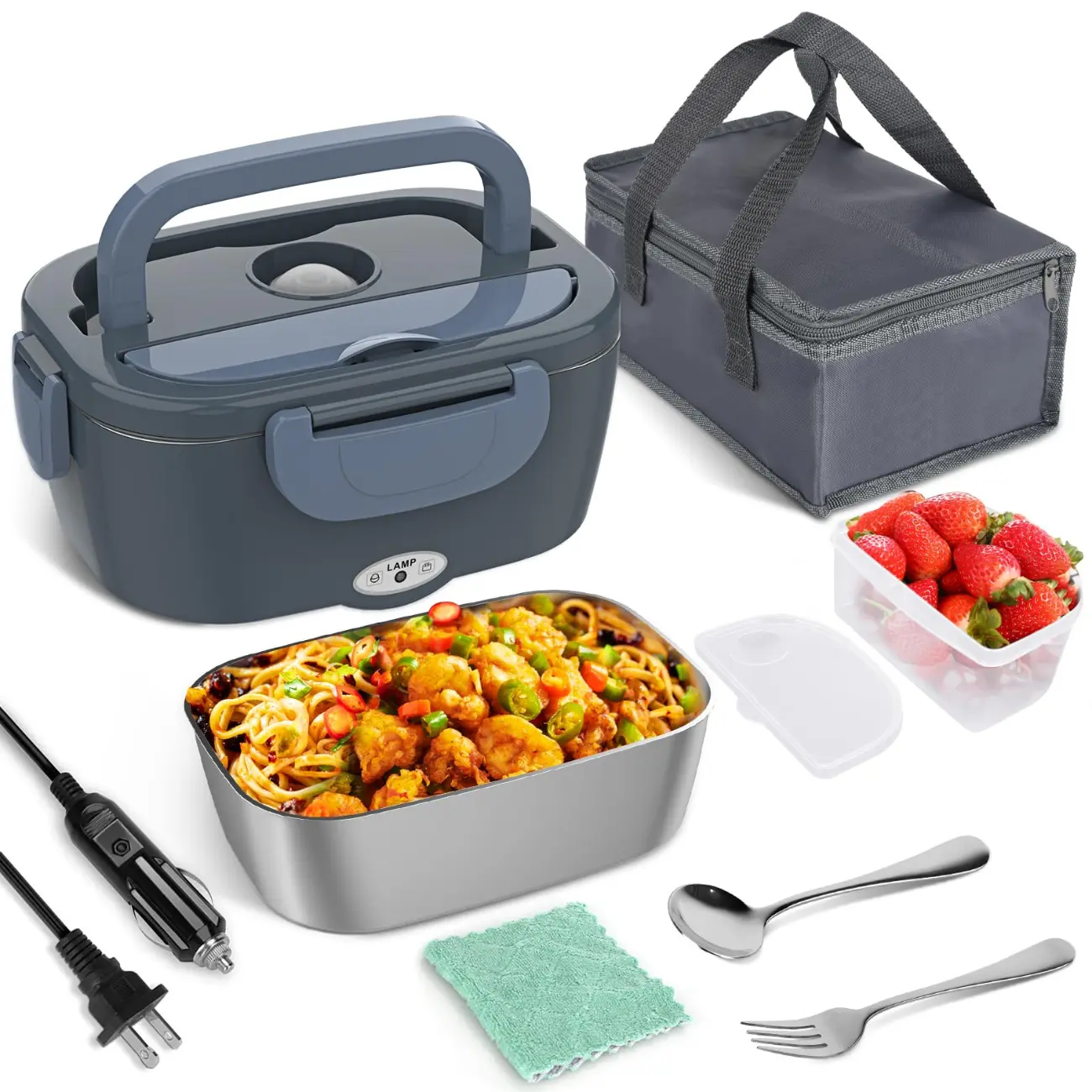 [Limited Time Deal] Modern Electric Lunch Box Set, Thermal Food Heater with 1.5L 304 Stainless Steel Container, Heats Fast, Multi-Voltage, Gray+Blue Insulated Bento Box with Tableware