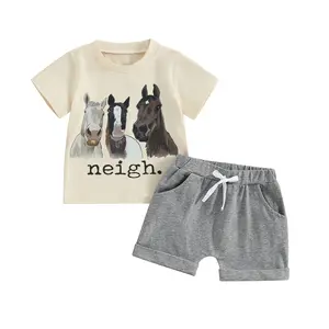 Western Toddler Baby Boy Summer Clothes Horse Print Short Sleeve T-Shirt Tops Jogger Shorts Set Casual Outfits
