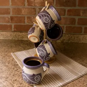 Handcrafted Talavera Mug (Set of 6) With Stand | Violet & White Color