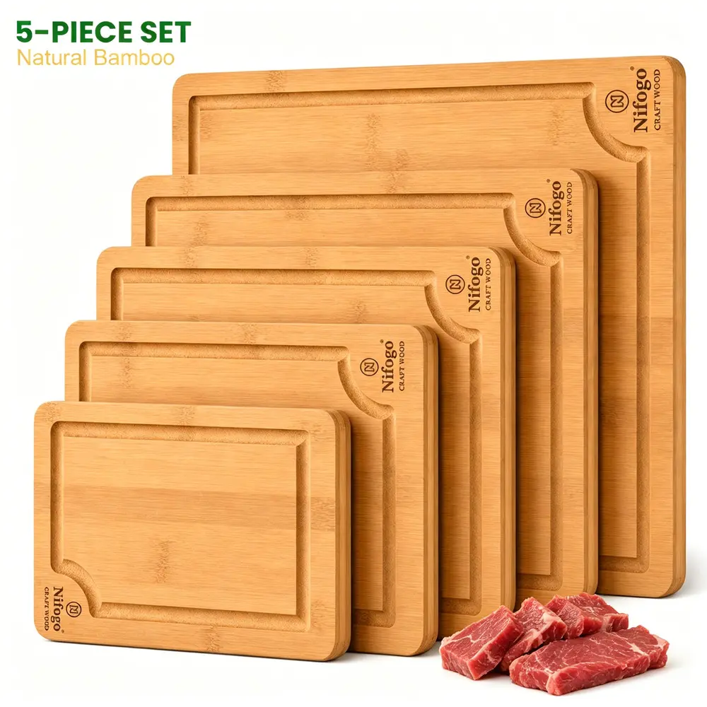 3/5-Piece Zero Waste Heavy Duty Eco Bamboo Slicing Board Pack - Harmless Wood Cooking Surfaces for Fried Sirloin Rib Steak, Leaf Greens, Charcuterie Cheese Platters - Long Lasting Plant Based Kitchen Supplies for Housewarming Kit