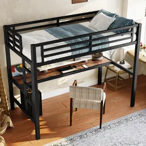 Twin Size Loft Bed with Desk, LED Lighted and Power Outlet, Heavy-Duty Metal Loft Bed Frame with Storage, Space-Saving, Noise Free, Black