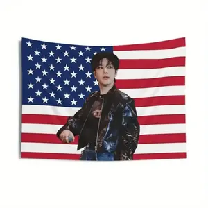 1 piece of stray seungmin banner - SKZ banner featuring the flag of Song Min, a Kpop star, with an American flag tapestry as a creative gift. funny room tapestry durable man