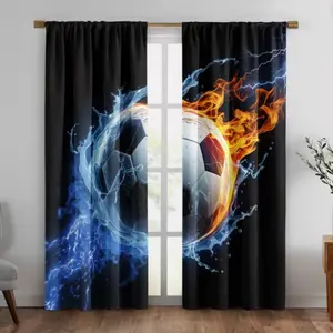 2D Flat Print Curtains, Home Textile, 2-Piece Set, Durable Polyester Material, Football Pattern, Rod Pocket Design, Lightweight Breathable, Home Decor