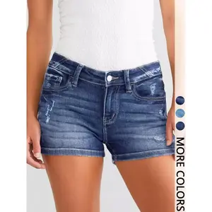 1-piece set of women's low rise worn-out denim shorts, worn-out hem slim fit denim shorts, daily casual summer shorts, suitable for outings, beaches, and music festivalsRAIMENTRY