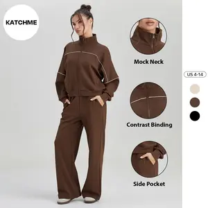 KatchMe Women's Athletic Mock Neck Contrast Binding Long Sleeve Sweatshirt & Wide Leg Trousers Tracksuit, Sporty Zipper Cotton Co-ord Set, Soft Two Piece Outfits