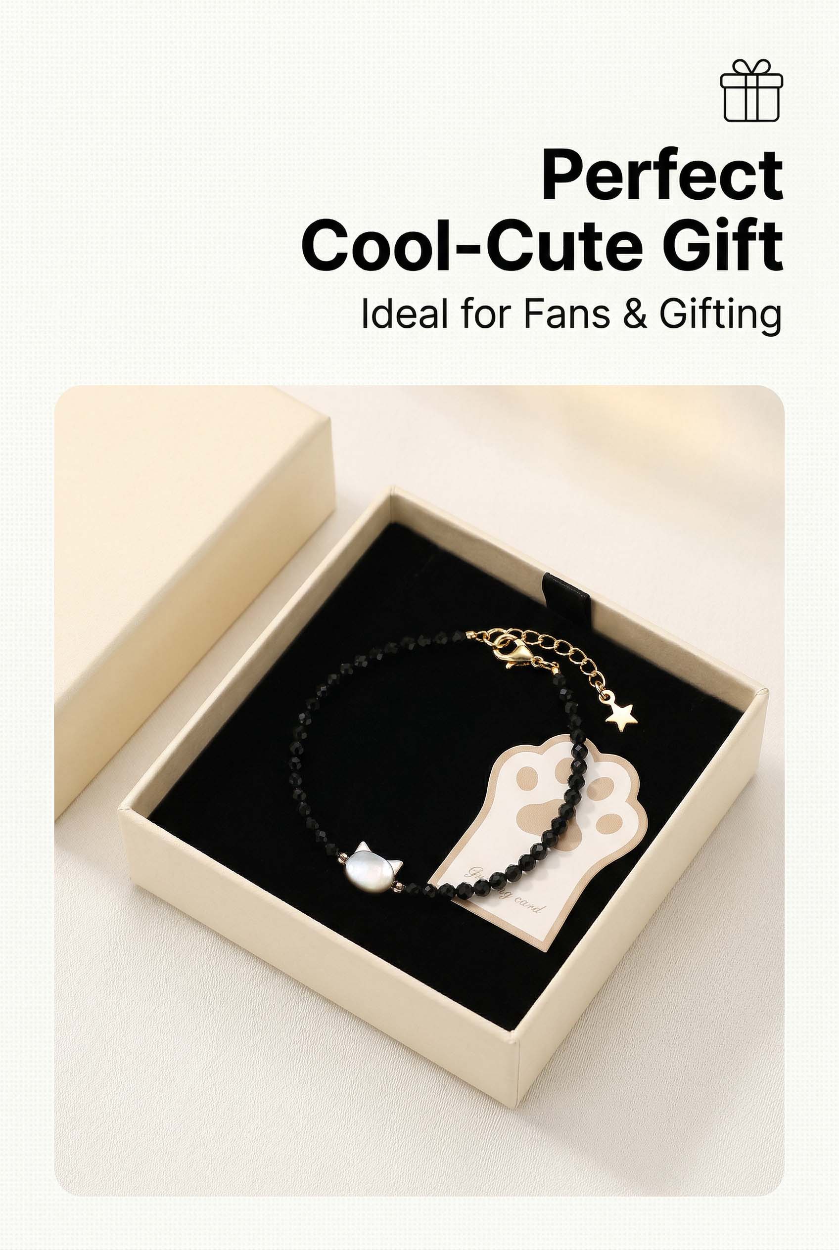 Black Crystal Bracelet with Cat Head Design for Women - Adjustable & Gift-Ready Lucky Fortune Cat