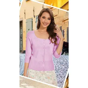 EANUER Women's Short Sleeve Cropped Cardigan Button Down Sweater Light Purple M
