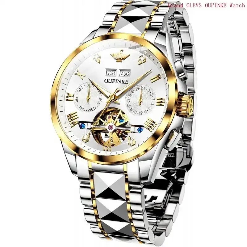 OUPINKE Mens Automatic Watches Diamond Skeleton Self Winding Luxury Dress Wrist Watch Sapphire Crystal Tungsten Steel Custom engraving.Max 12 letters or numbers