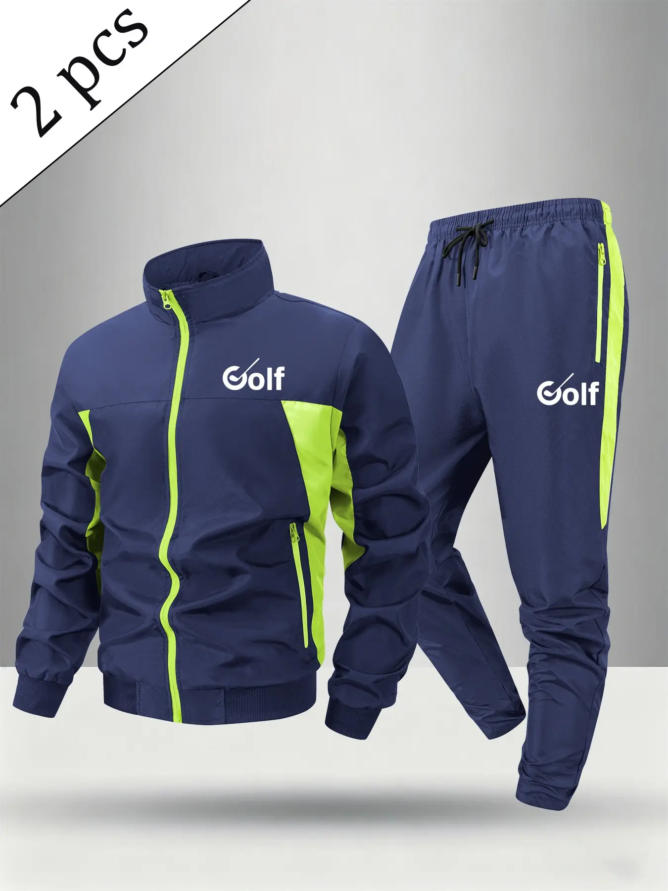 Men's Sporty Leisure Suit, Colorblock Zipper Jacket, Golf Letter Print, Adjustable Waist Pants, Ideal for Sports, Running, Cycling, Gym, Outdoor Camping