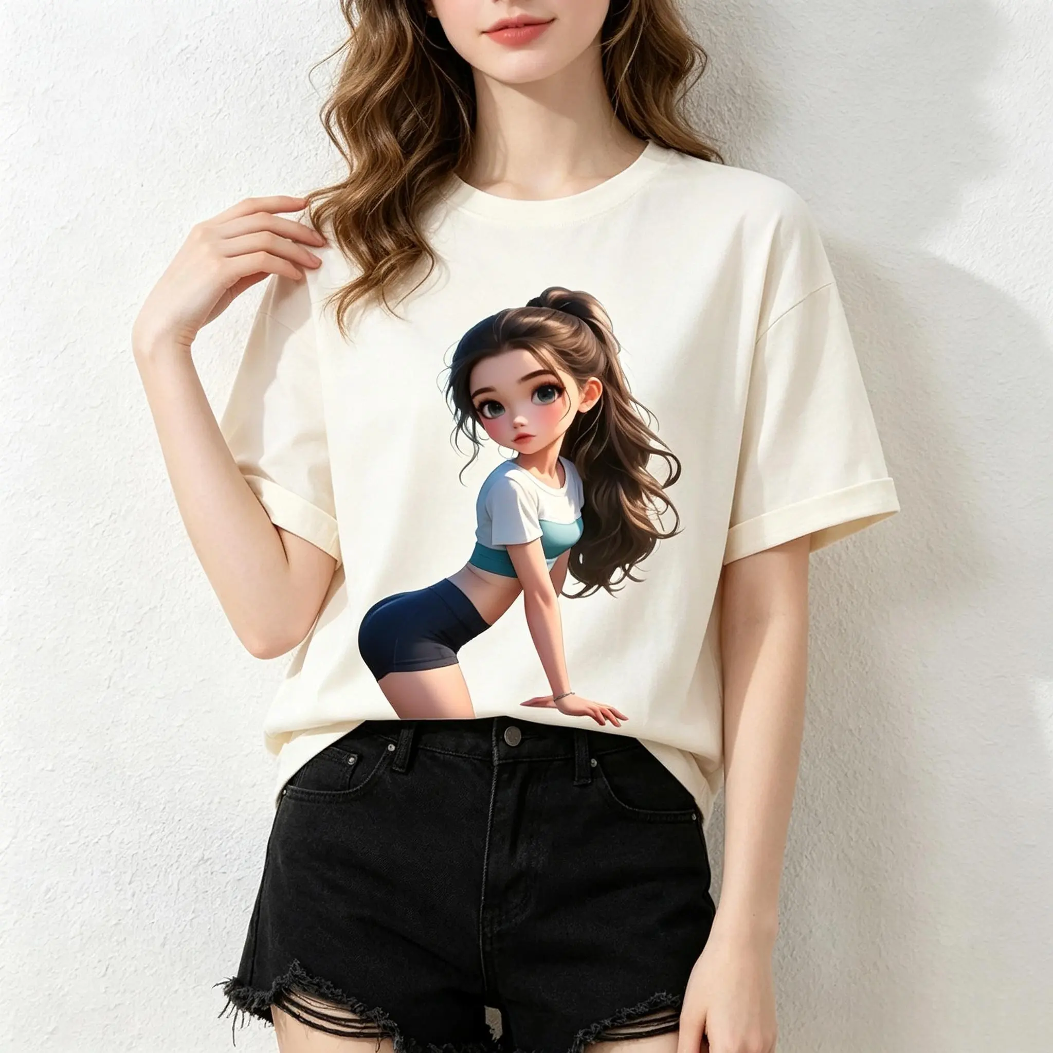Women's Chibi Girl Graphic Print Round Neck T-Shirt - Breathable Lightweight Pure Cotton Short Sleeve Fitted Athletic Top for Gym, Machine Washable, Comfortable