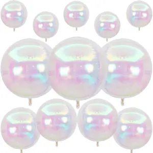 12Pcs Iridescent Round Foil Balloons, 22" 15" 10" 4D Clear Ball Balloon, Holographic Balloons for Birthday Wedding Folding Rainbow Under The Sea Mermaid Party decoration