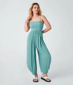 Halara Spaghetti Strap Backless Lace Up Plicated Side Pocket Resort Jumpsuit Shorts Casual