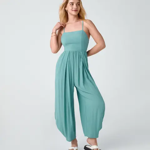 Halara Spaghetti Strap Backless Lace Up Plicated Side Pocket Resort Jumpsuit Shorts Casual