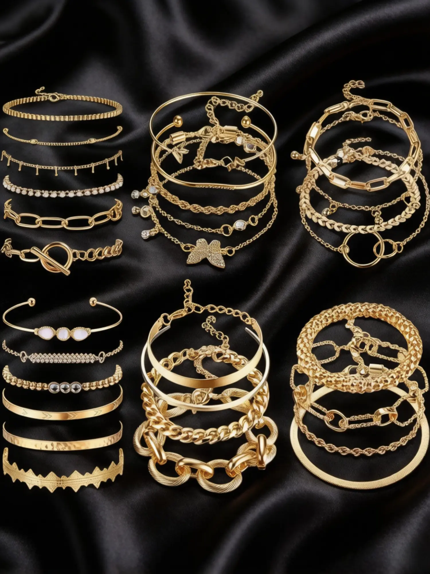 29 Pcs Golden Wrist Accessory Collection for Women Men Layer Styling Lovers Multi-tier Combinable Wristbands Foldable Split Cuff Bangles, Stacking Bangles, Multilayered Bangles, Adjustable Clip Link Chains Retro Cuban Chains