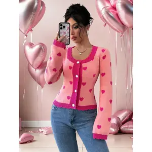 Women’s Valentine’s Day round-neck knit sweater, heart pattern pullover, soft versatile cardigan coat, fall/winter essential style, knitwear
