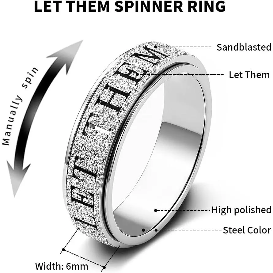 Spinner Fidget Rings for Women, Stainless Steel 'Let Them' Engraved Thumb Ring for Anxiety and Stress Reduction, Sizes 5 to 10, Size 8, Silver-Let Them