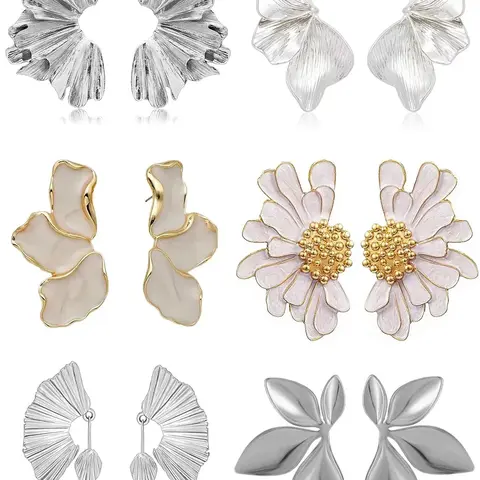 6 Pairs Chunky Silver Statement Earring Set For Women Gold Plated Flower Leaf Shell Angel Wing Earrings Stack Set Large, Floral Stud Earrings Hypoallergenic Earrings, Stainless Steel