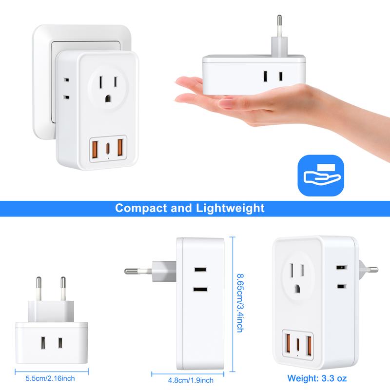 European Travel Plug Adapter USB C, International Plug Adapter with 4 AC Outlets and 3 USB Ports for US to Most of Europe Spain Italy France Germany.
