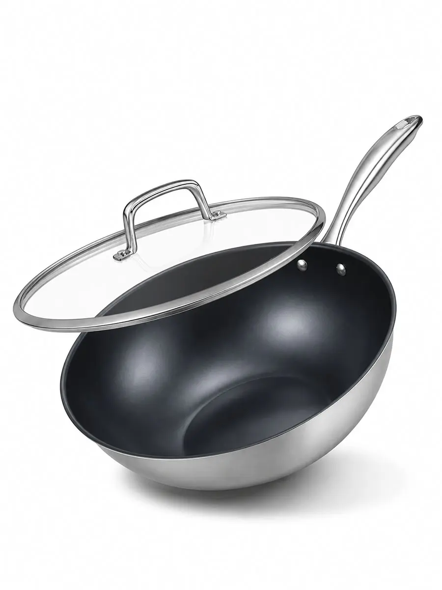 Inchri-Ply Pure Titanium Wok Pan – 2mm Thick Non-Toxic Stir-Fry Skillet, Induction Compatible with Glass Lid