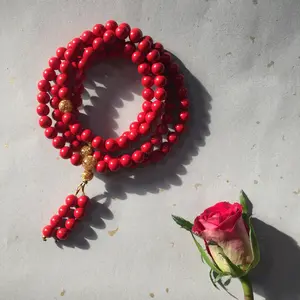 Red Cinnabar 108 Bead Mala Necklace, 108 Bead Mala Wrap Bracelet (P)
