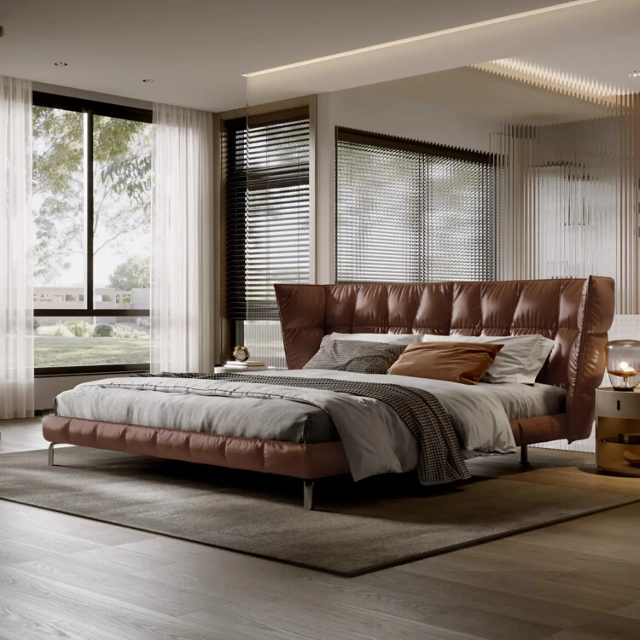 Luxury Leather Upholstered Platform Bed Frame with Headboard