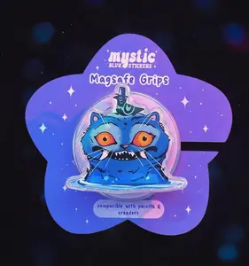 Mystical Blue Cat MagSafe Phone Grip – Fantasy Feline with Bright Orange Eyes, Unique Spooky Aesthetic Magnetic Holder for iPhone Users and Cat Lovers