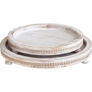 2 Piece Whitewashed Wooden Serving Tray Set with Beaded Design, Farmhouse Centerpiece Table Decorations, Round Coffee Table Tray for Living Room Home Decor, Ottoman Tray Decor for Rustic Styles
