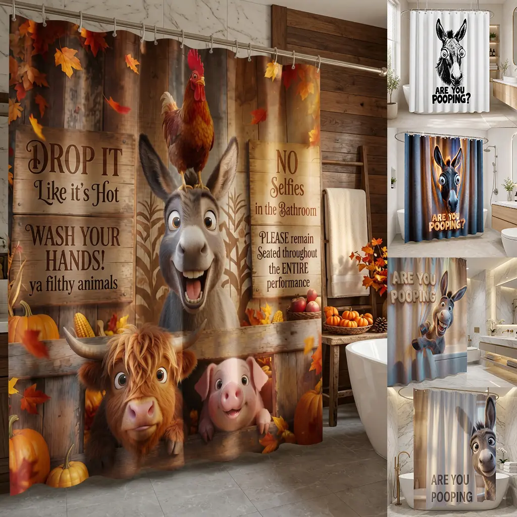 Summer vibe shower curtain featuring a funny donkey design and the question “Are you pooping?” Text — modern farm animal design, durable polyester fabric, humorous home decor and gifts, funny shower curtain, gift idea, whimsical style, shower essential, 7