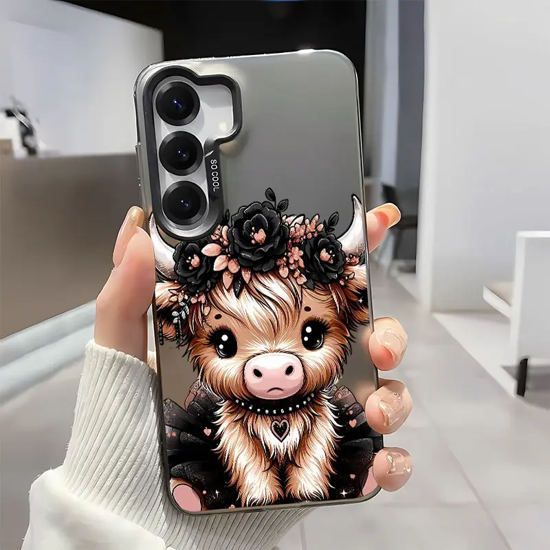 Floral Highland Calf Soft Silicone Phone Case For Galaxy S26/S26Ultra/S26Plus/S25/S25Ultra/S25Plus/S24/S24Ultra/S24Plus/S24fe/S23/S23Ultra/S23Plus/S23fe/S22/S22Ultra/S22Plus/S21/S21Ultra/S21Plus Shockproof|Full Camera Protection|Anti-Scratch