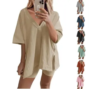 Tanming Women's Oversized 2 Piece Workout Hot Shot Set - Reversible V Neck Tee & Biker Shorts - Casual Streetwear for Yoga & Lounging - Flowy & Comfortable #SpringStatements