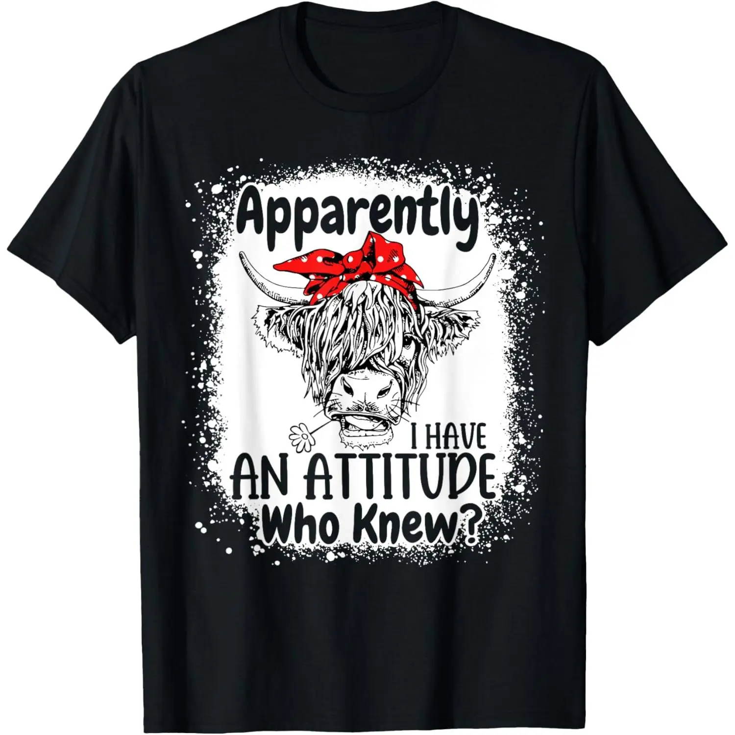 Women's Short-Sleeve Cotton Vintage Streetwear Casual T-Shirt - "Apparently I Have An Attitude Who Knew" Bleached Highland Cow Graphic, Shortsleeve, Distressed, Top, Tshirt