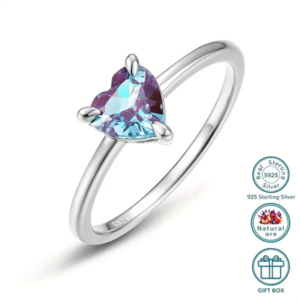 Heart-Shaped Women's Ring in S925 Sterling Silver, Bohemian Style with a 6x6mm Color-Changing Synthetic Alexandrite, for Engagement or Promise, Rings For Women