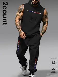 Men's Tank Top + Long Pants Set, Outfit, Paris Striped Dual Scene Set, Fitness & Street Breathable Cool Atmosphere, Casual Fitted Long Sleeve