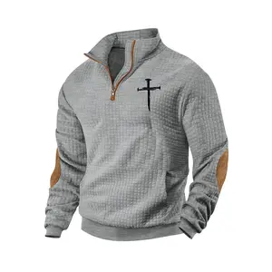 Men's cross-print waffle weave hoodie, Half Zip Sweatshirts, long-sleeve stand-up collar pullover, Jesus cross print, quarter z design, winter hoodie, daily holiday wear, street style casual outfit, suitable for spring, autumn and winter