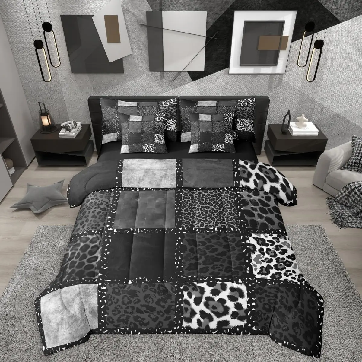 Grey Leopard Print 7 Pieces Bedding Set,Animal Skin Texture Bed in a Bag,Patchwork Geometric Bed Set Includes Comforter,Sheet Set,Pillowcases & Pillow Covers,Farmhouse Bedroom Decor