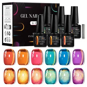 MEET ACROSS 7pcs Light Golden Magnetic Gel Nail Polish Set, with Magnetic Stick, High Saturation Lasting Shining Cat's Eye Nail Art Salon Essential Female Festival Gift Polish Manicure Cutics Cosmetic