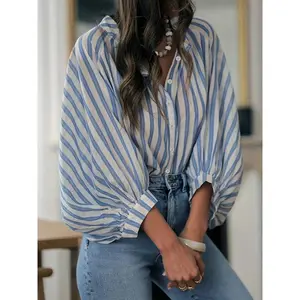 Plus Size Women's Loose Casual Lantern Sleeve Striped Shirt, Long Sleeves, Comfortable Fit, Perfect for Daily Wear & Office