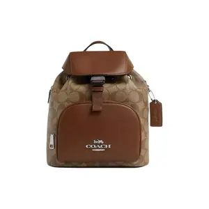 Coach Pace 22 Classic Monogram Coated Canvas and Refined Calf Leather Backpack for Women, Small Size, Khaki and Saddle Tan