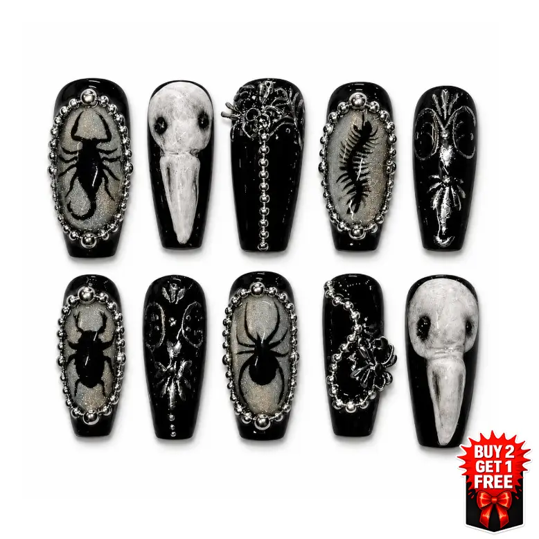 [BUY 2 GET 1 FREE] Handmade Dark Gothic Insect Press On Nails | Black Silver Bug 3D Horror Design | Glossy Reusable Coffin False Nails with Tool Kit, Halloween Nail For Party Gift