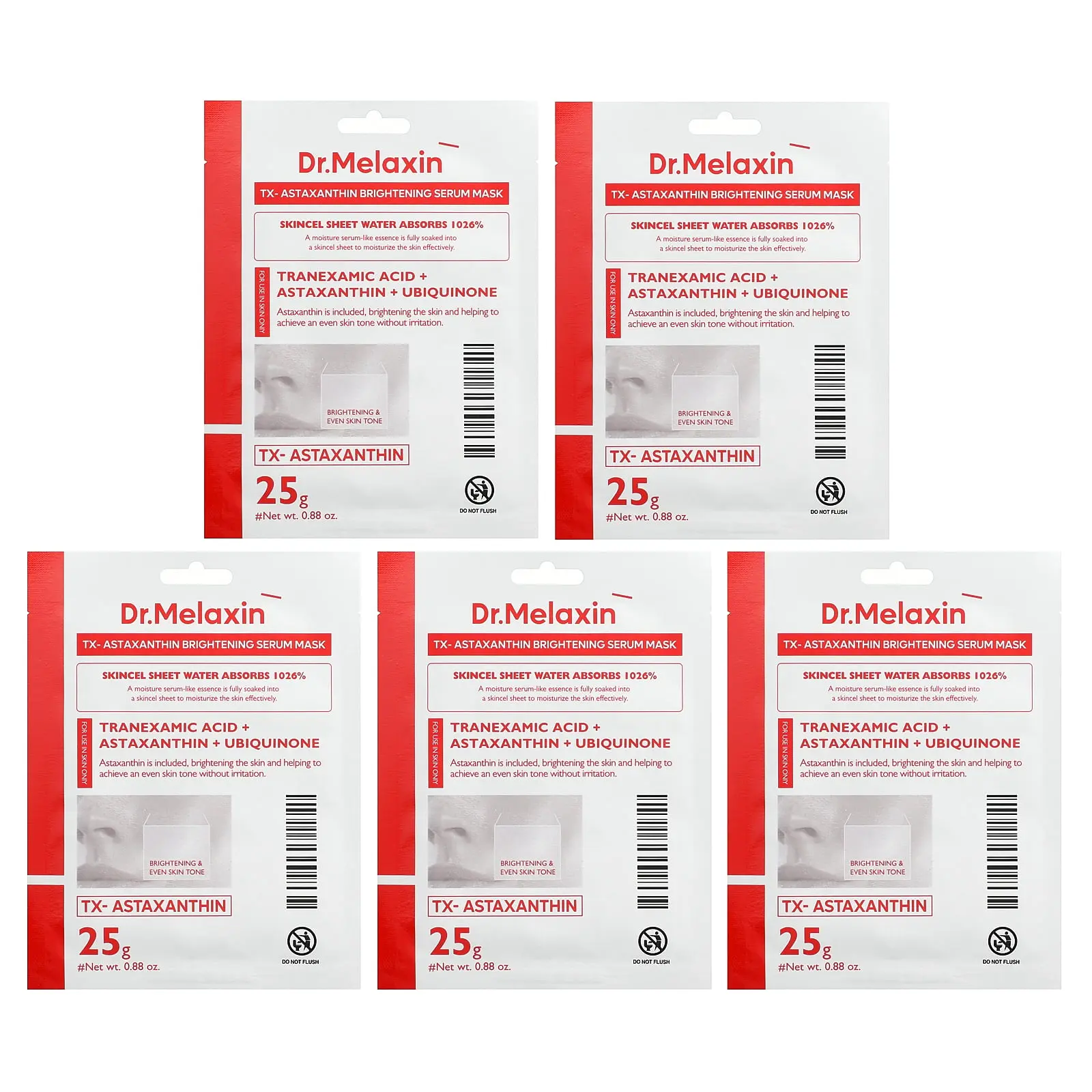 Dr.Melaxin TX-Astaxanthin Brightening Serum Beauty Mask, 5 Sheets, 0.88 oz (25 g) Each