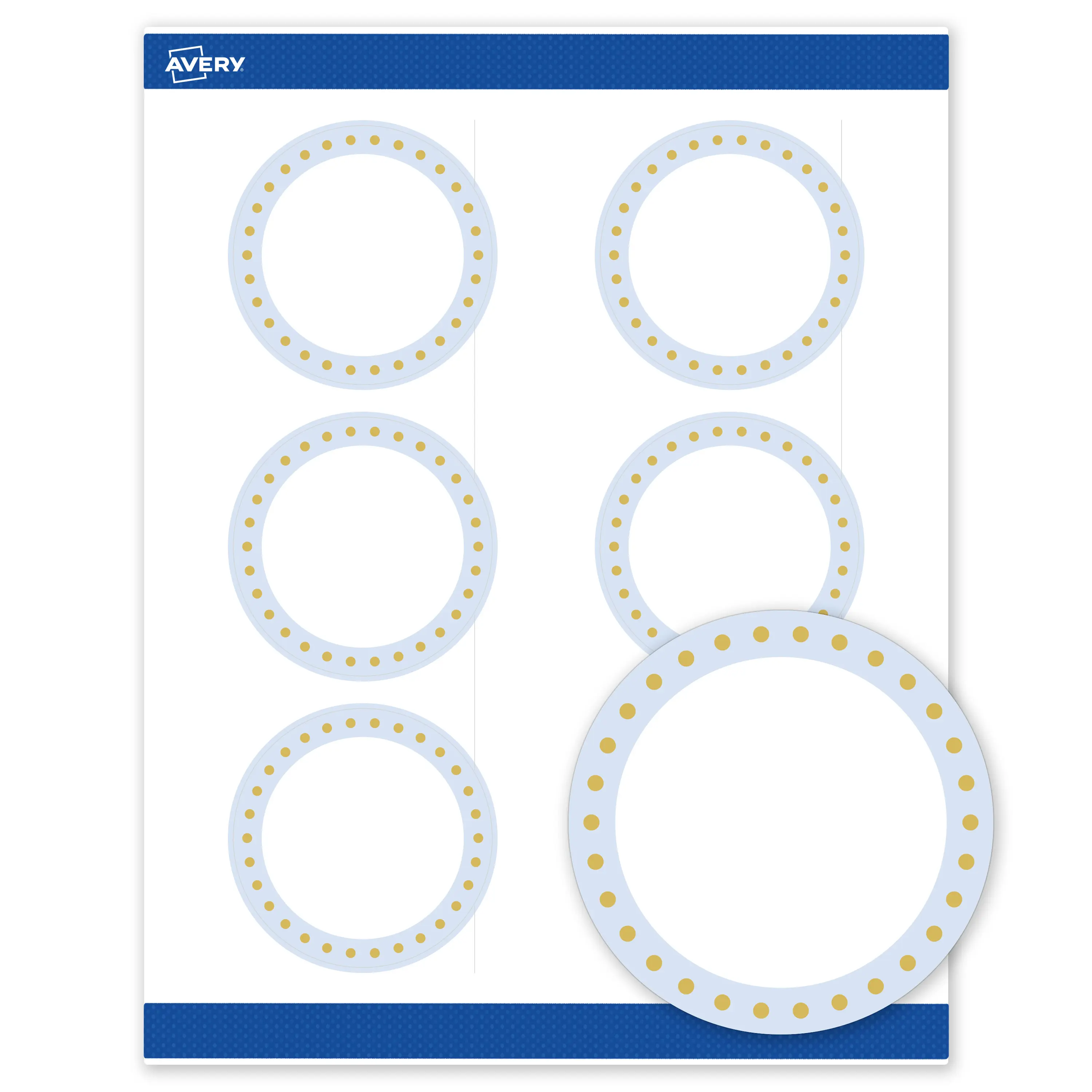 Avery Printable Round Labels, Gold Dots with Blue Border, 3" Diameter, Matte White Round Labels, Permanent, Laser/Inkjet, 60ct, Great for Product Labels