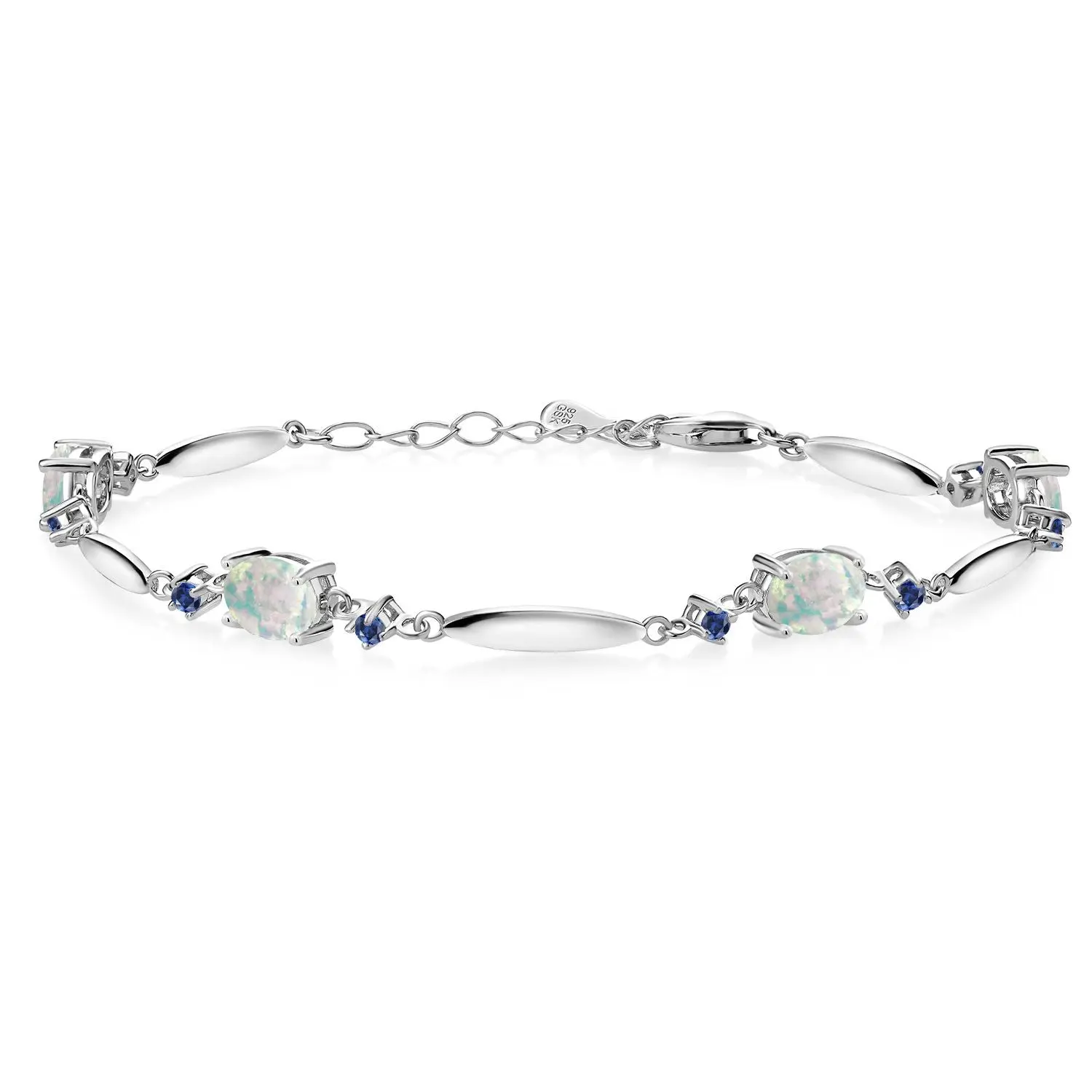 Gem Stone King 925 Sterling Silver Gemstone Birthstone and Blue Created Sapphire Tennis Bracelet For Women | Oval 7X5MM and 2MM | 6 Inch + 1 Inch Extender | Fine Jewelry for Her Mom Wife
