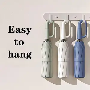 Foldable automatic umbrella with hanging ring buckle handle; portable, carry-anywhere, dual-use for sun and rain; UV protection; blue commuter car umbrella