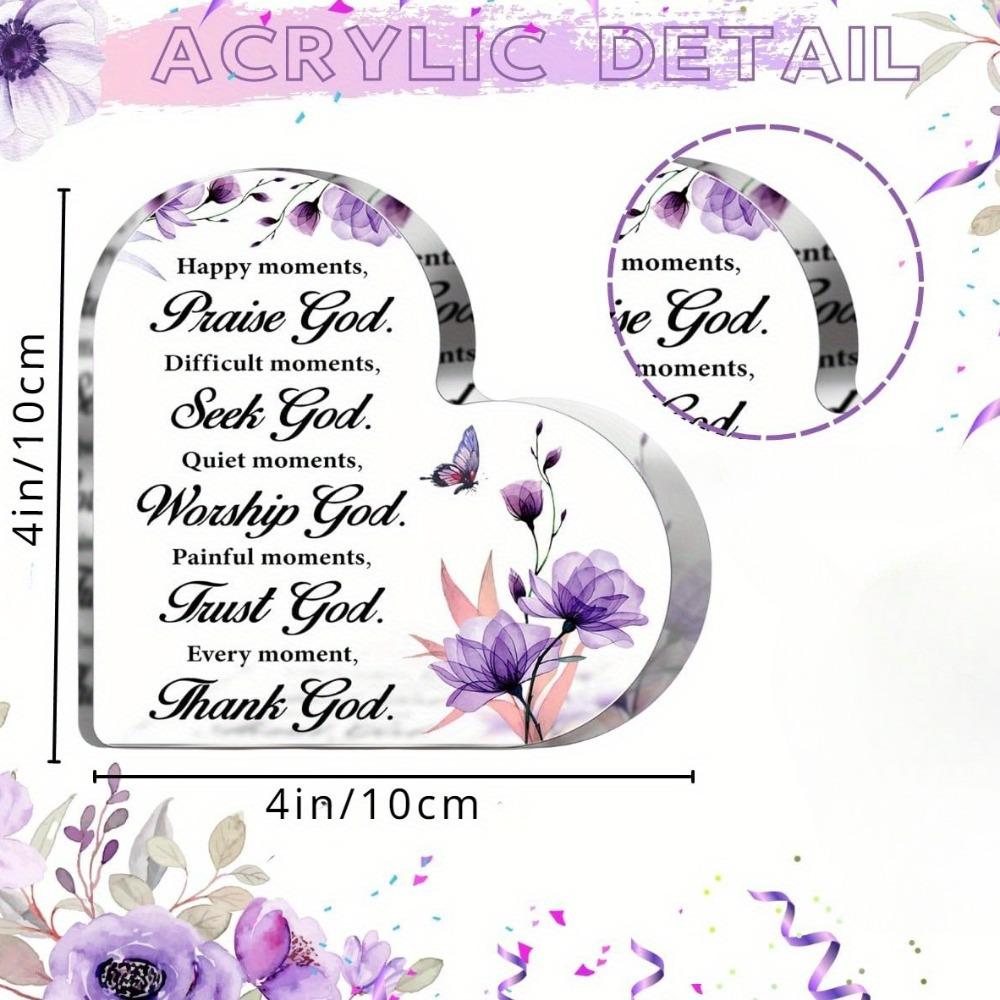 Heart Shaped Acrylic Christian Inspirational Sign, Praise God Thank God Religious Desk Decor Plaque, Bible Verse Faith Gift for Women Friends Family, Purple Floral Butterfly Desktop Tabletop Ornament Christian Keepsake Gift