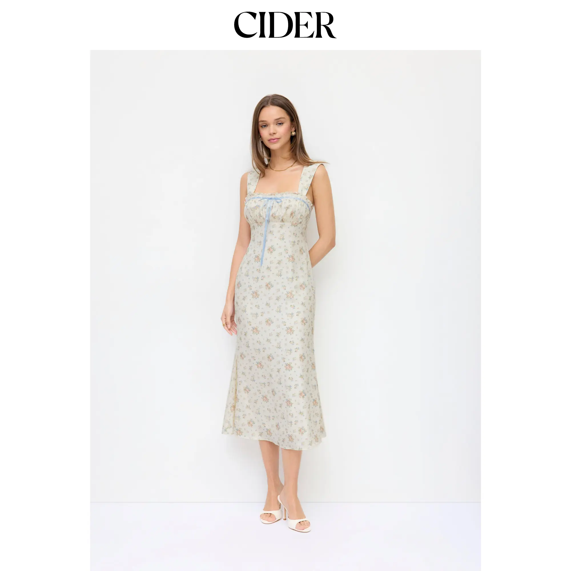 Cider Women's Sleeveless Lady Plisse Floral Square Neck Bowknot Lace Trim Mermaid Midi Dress, Casual Wear