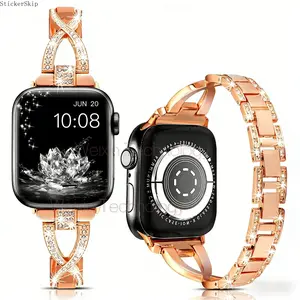 Stylish diamond metal strap compatible with Apple Watch women's strap 40mm 38mm 41mm 42mm/42mm/44mm 45mm 46mm 49mm, cute dress X-shaped gold bracelet, Smart Watch Straps, suitable for iWatch strap series SE 11 10 9-1 Ultra3 tool free adjustment 1 piece