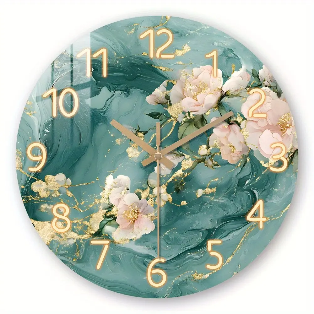 Floral Theme Wall Clock, Blue Marble Design, Silent Round Clock, Home Decor for Living Room, Bedroom, Kitchen, Office, Mother's Day Gift