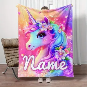 1 Piece Custom Name Beautiful Colorful Floral Unicorn Print Portable Blanket - Lightweight Flannel Throw Blanket, Suitable for Sofa, Bed, Travel, Camping, Living Room, Office, Chair, and Bed - Digital Print Soft Warm Flannel Fabric