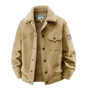 Men’s Sherpa-Lined Utility Jacket: Fleece Collar + Multiple Pockets + Emblem Details Casual Outdoor Coat
