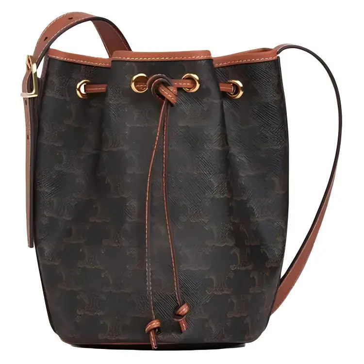 Celine Triomphe Monogram Canvas and Calfskin Drawstring Bucket Bag for Women Shoulder Bag Purse Leather Shoulder Bag